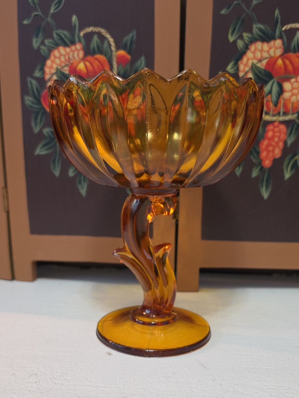 Vtg Indiana Amber Glass Lotus Blossom Compote Pedestal Bowl - Home Accents